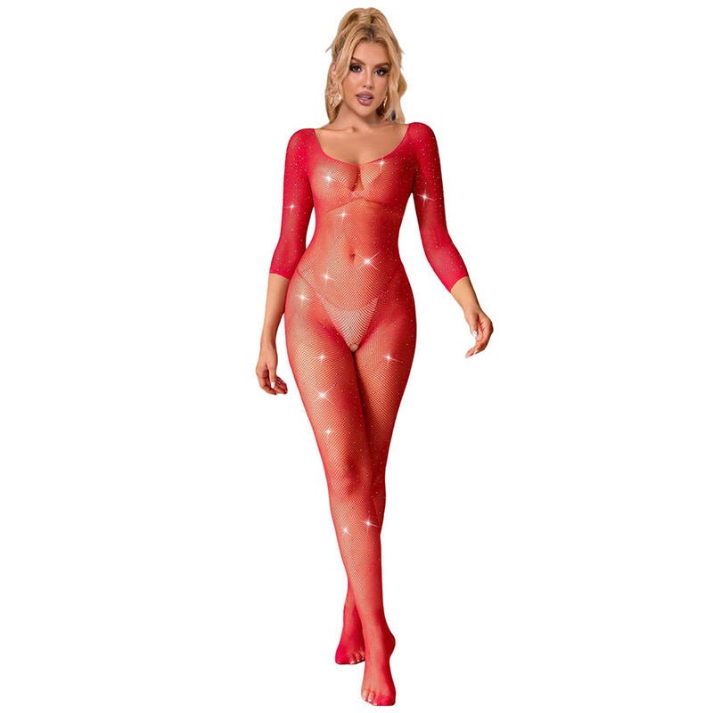 SUBBLIME - 952419 NETZ - BODYSTOCKING MIT DIAMANTEN LANGARM ROT EINE GRÖSSE - JAYXKAY