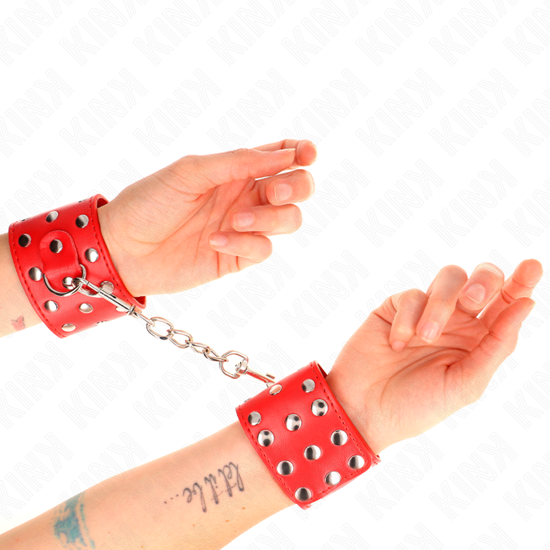 KINK - WRIST CUFFS WITH PUSH CLOSURE FULL OF STUDDED RED ADJUSTABLE 19-24 CM X 5.5 CM