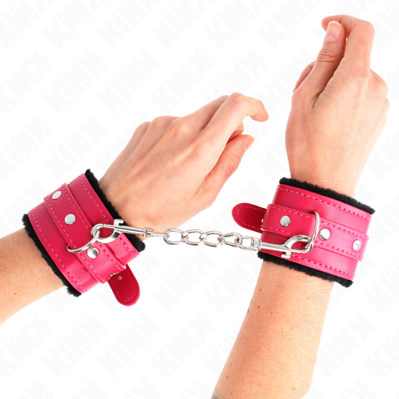 KINK - BRACELET PREMIUM DOUBLÉ DE FOURRURE NOIR AVEC CEINTURE ROSE FRAMBOISE RÉGLABLE 17-29 CM X 6 CM