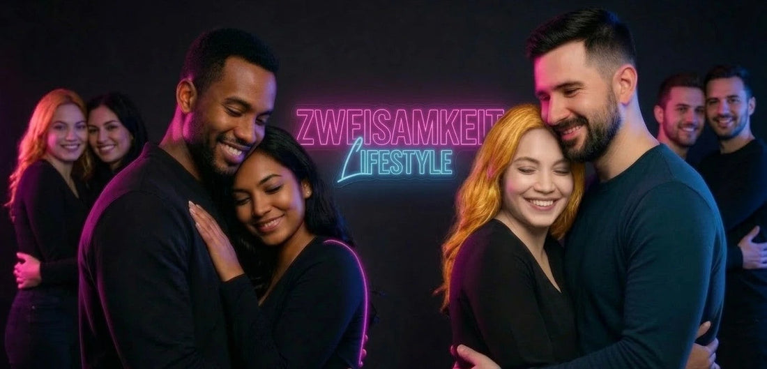Glückliches Paar in intimer Atmosphäre vor dunklem Hintergrund mit pinken Neon-Akzenten – JAYXKAY Lifestyle