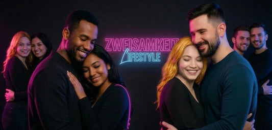 Glückliches Paar in intimer Atmosphäre vor dunklem Hintergrund mit pinken Neon-Akzenten – JAYXKAY Lifestyle