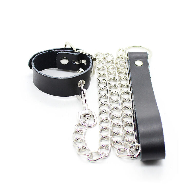 OHMAMA FETISH - COLLIER PÉNIS ET BRACELET EN CUIR AVEC CHAÎNE EN MÉTAL