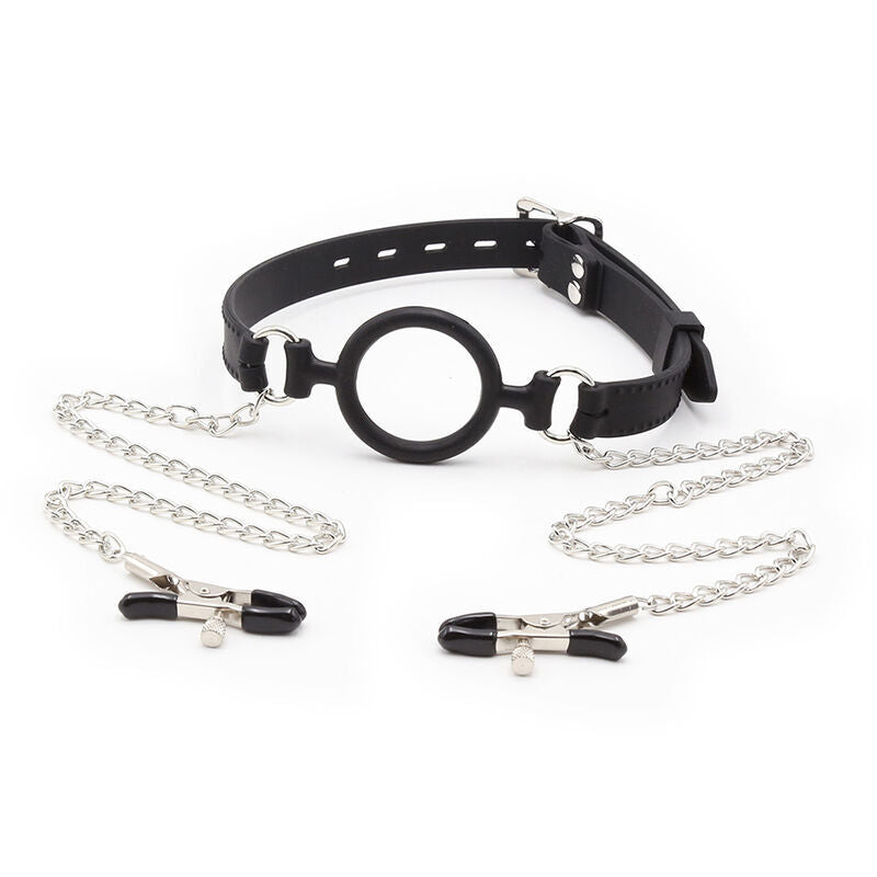 OHMAMA FETISH - RING GAG MET KETTINGEN EN TEPELKLEMMEN