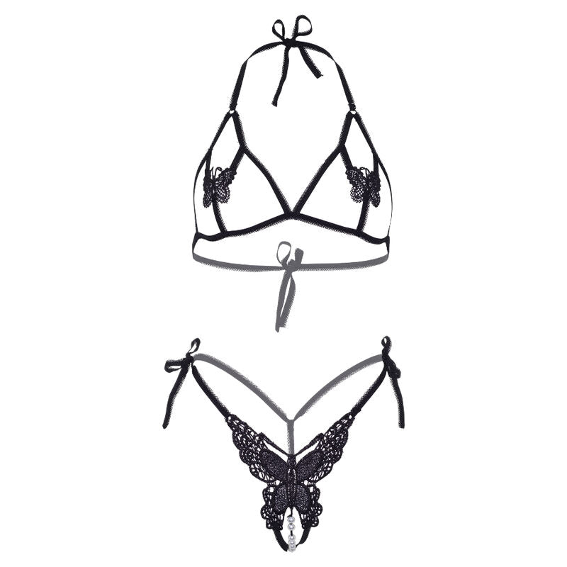 LEG AVENUE - TWEEDELIGE BH- EN PANTYSET VAN BUTTERFLIES &amp; PEARLS, ONE SIZE - ZWART