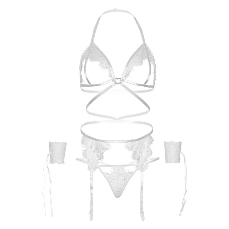 LEG AVENUE - FOUR-PIECE SET: BRA, G-STRING, GARTER BELT AND WRIST CUFFS, ONE SIZE - WHITE