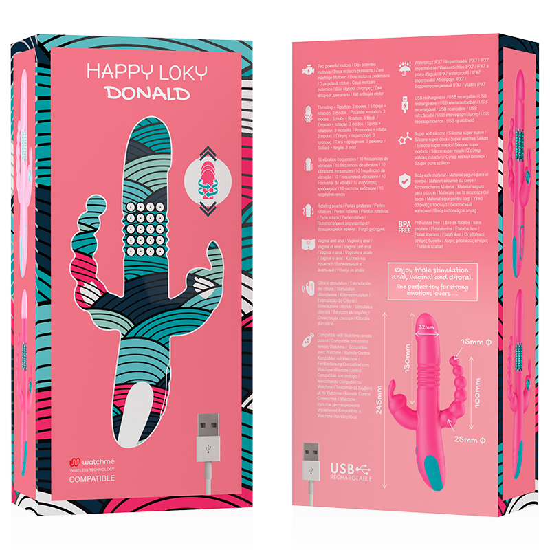 HAPPY LOKY - DONALD DRIEVOUDIGE STIMULATIE: ANAAL, G-SPOT &amp; CLITORAAL WATCHME DRAADLOZE TECHNOLOGIE COMPATIBEL