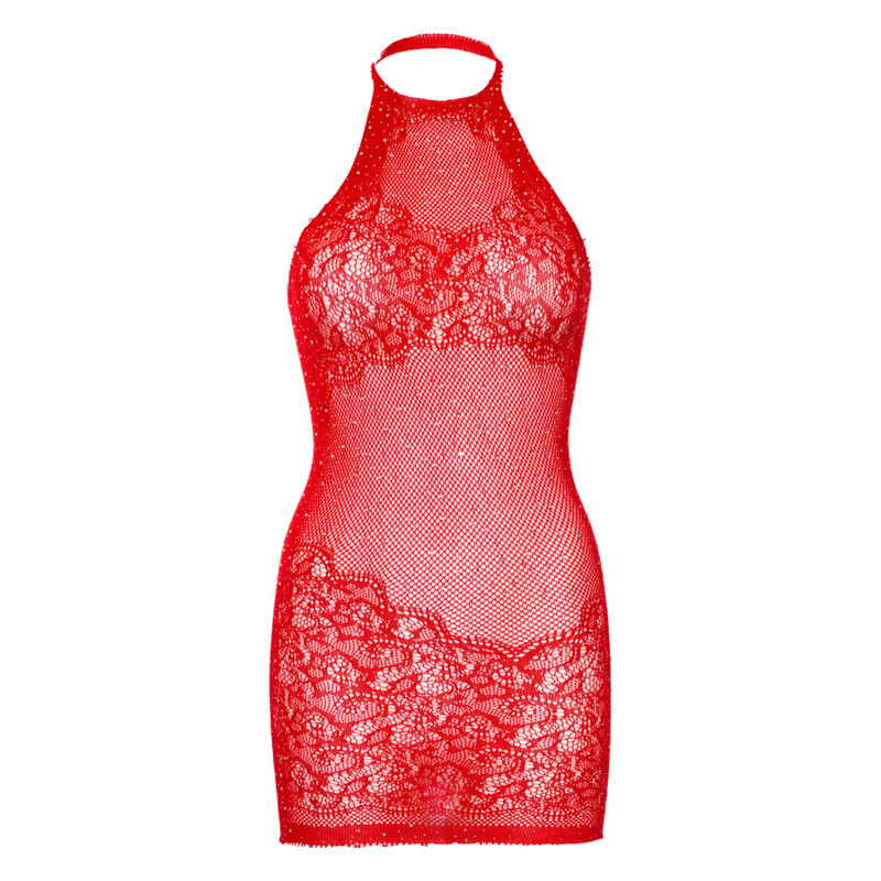 LEG AVENUE - RHINESTONES HALTERNECK MINI DRESS, ONE SIZE - RED