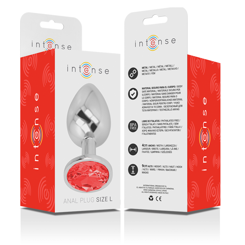 INTENSE - ALUMINIUM METALEN ANAAL PLUG MET RODE KRISTAL, MAAT L