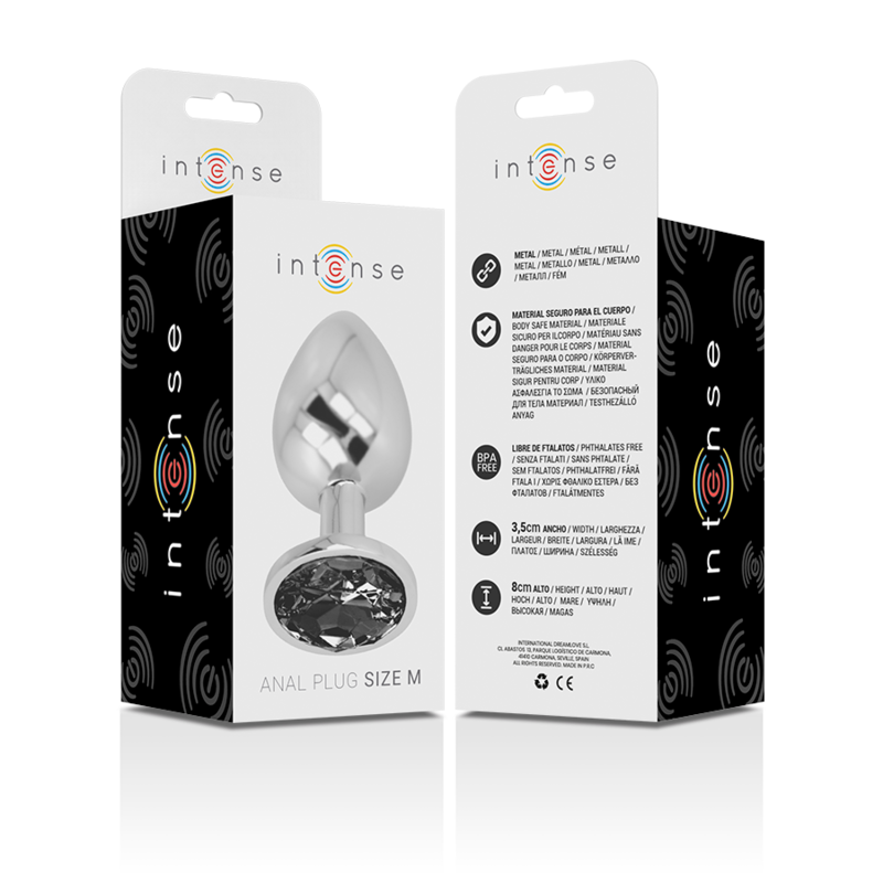 INTENSE - ALUMINIUM METALEN ANAAL PLUG MET ZWART GLAS, MAAT M