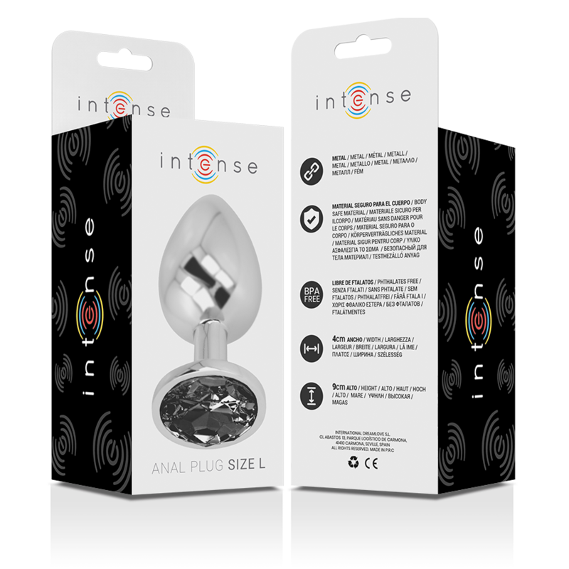 INTENSE - ALUMINIUM METALEN ANAAL PLUG MET ZWART GLAS, MAAT L