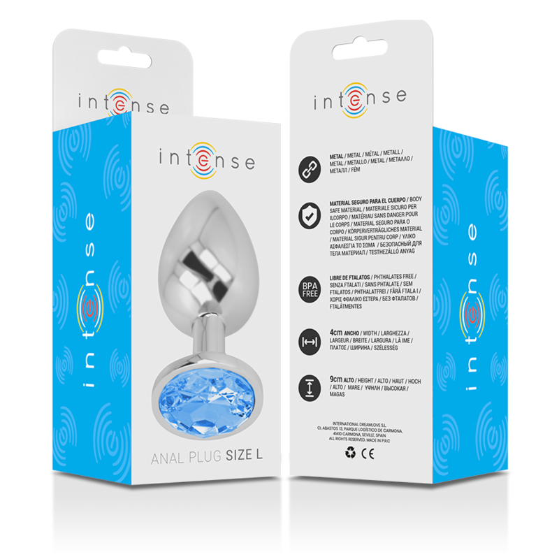 INTENSE - PLUG ANAL EN MÉTAL ALUMINIUM AVEC CRISTAL BLEU, TAILLE L
