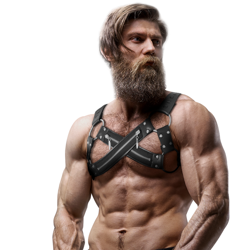 FETISH SUBMISSIVE ATTITUDE - VERSTELBARE NEOPREEN BORSTBAND MET CROSS-OVER BULLDOG RITS VOOR MANNEN