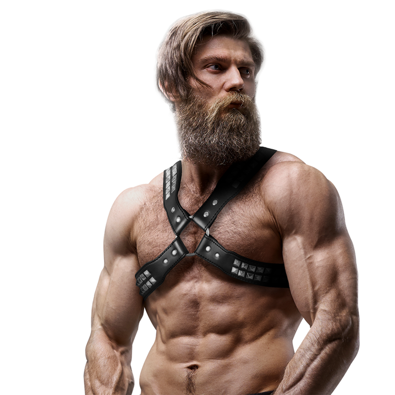 ATTITUDE DE SOUMISSION FÉTICHISME - COLLIER EN ÉCO-CUIR POUR HOMME AVEC POITRINE CROISÉE ET CLOUTÉ