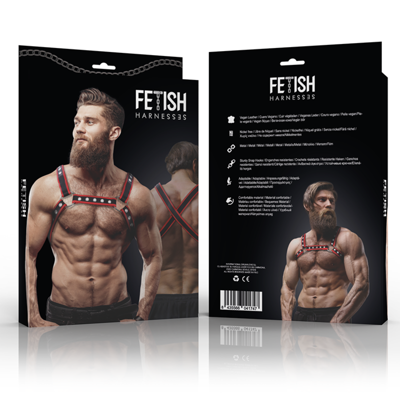 FETISH SUBMISSIVE ATTITUDE - ECO-LEDEREN BORST BULLDOG HARNAS VOOR MANNEN, ZWART/ROOD