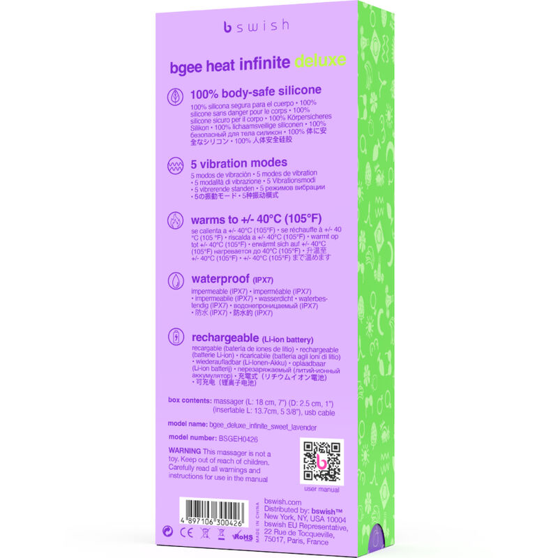 B SWISH - BGEE HEAT INFINITE DELUXE VIBRATEUR RECHARGEABLE LAVANDE SILICONE