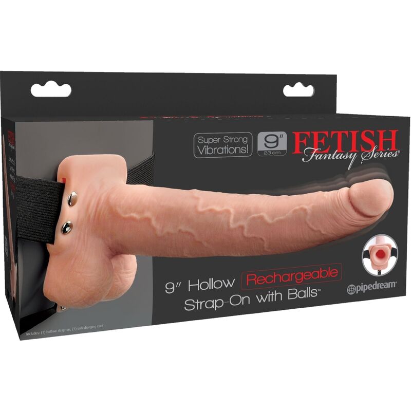SÉRIE FETISH FANTASY - SANGLE RÉGLABLE PÉNIS RÉALISTE AVEC BOULES RECHARGEABLES ET VIBRATEUR 23 CM