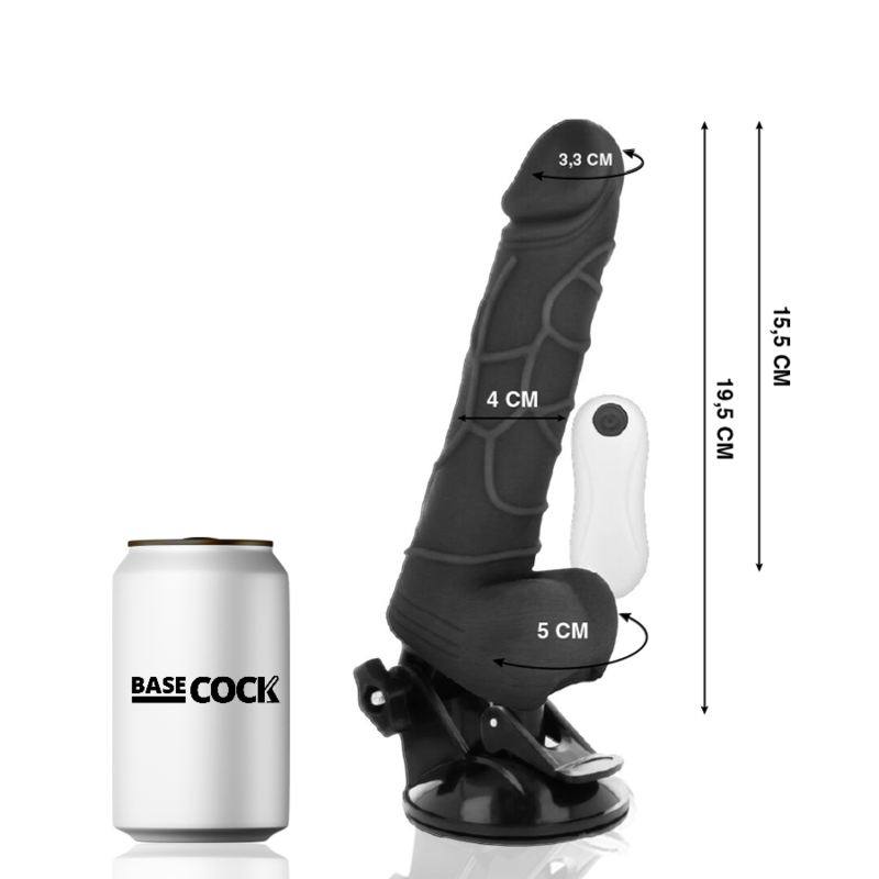 BASECOCK - VIBRATEUR RÉALISTE AVEC TÉLÉCOMMANDE NOIR AVEC TESTICULES 19,5 CM -O- 4 CM