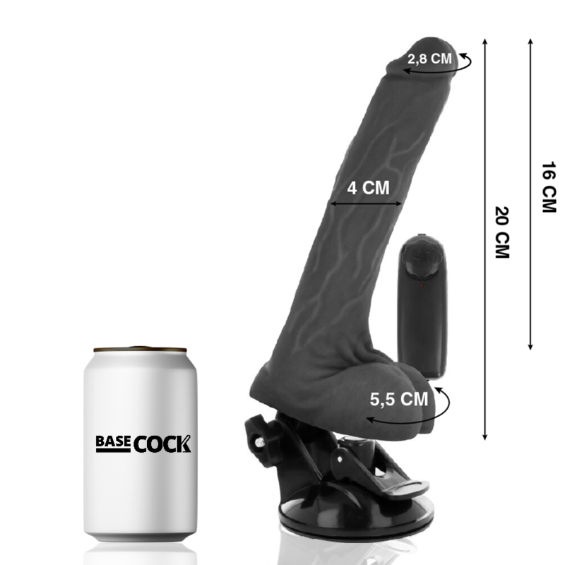 BASECOCK - VIBRATEUR RÉALISTE AVEC TÉLÉCOMMANDE NOIR AVEC TESTICULES 20 CM -O- 4 CM