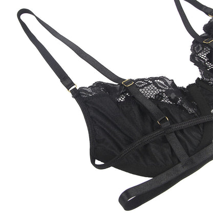 SUBBLIME - 3-TEILIGES SET BH + STRING + STRUMPFBAND AUS SPITZE SCHWARZ L/XL