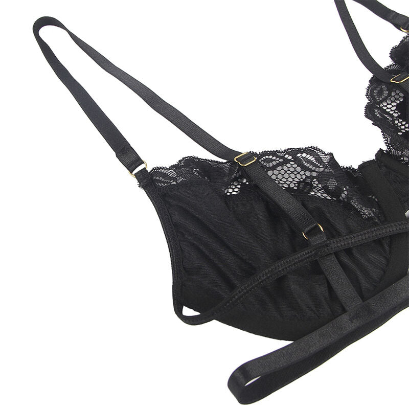 SUBBLIME - 3-delige set beha + string + jarretelles in kant zwart L/XL