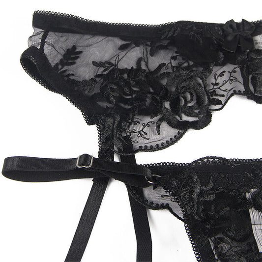 SUBBLIME - ENSEMBLE 3 PIÈCES SOUTIEN-GORGE + String + Porte-Jarretelles IMPRIMÉ FLORAL NOIR L/XL