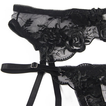 SUBBLIME - 3-TEILIGES SET BH + STRING + STRUMPFBAND BLUMENPRINT SCHWARZ L/XL