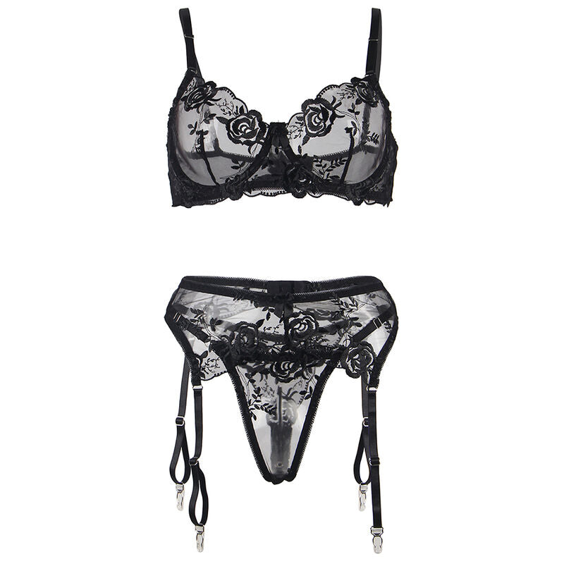 SUBBLIME - 3-delige set BH + string + jarretellesgordel BLOEMENPRINT ZWART L/XL