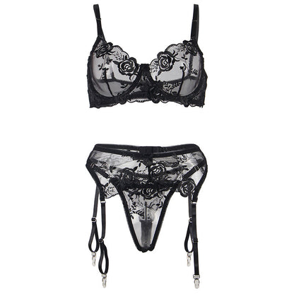 SUBBLIME - 3-TEILIGES SET BH + STRING + STRUMPFBAND BLUMENPRINT SCHWARZ L/XL