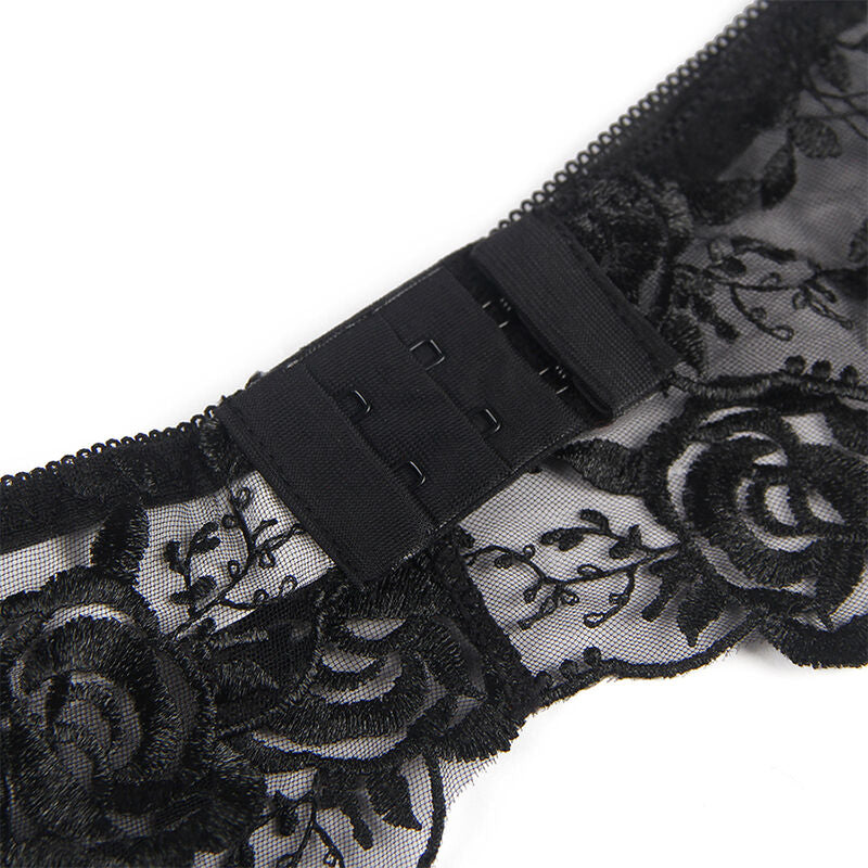 SUBBLIME - 3-delige set BH + string + jarretellesgordel BLOEMENPRINT ZWART L/XL