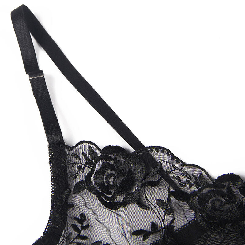 SUBBLIME - 3-delige set BH + string + jarretellesgordel BLOEMENPRINT ZWART L/XL
