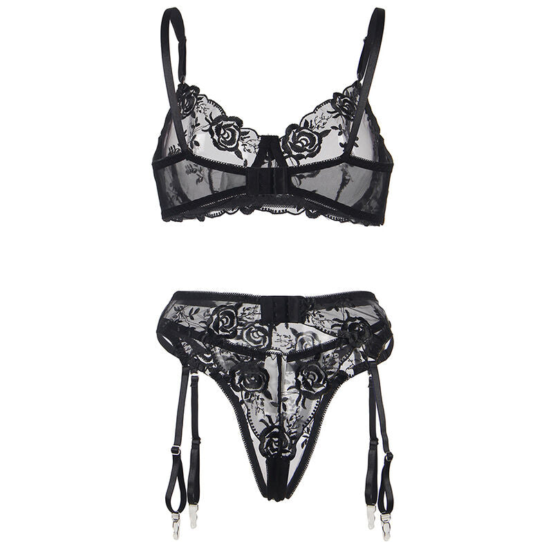 SUBBLIME - 3-delige set BH + string + jarretellesgordel BLOEMENPRINT ZWART L/XL