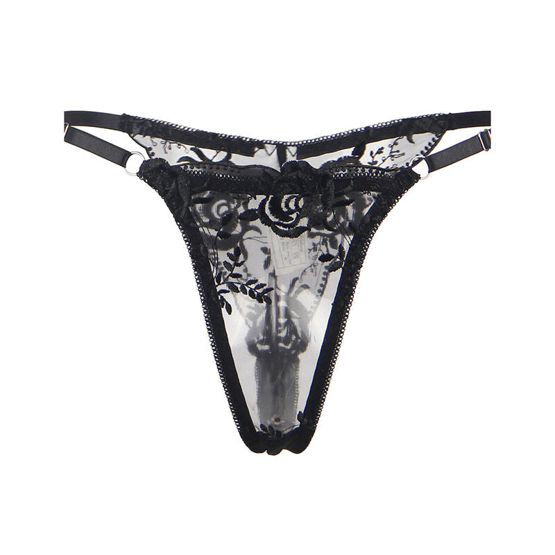 SUBBLIME - 3-delige set BH + string + jarretellesgordel BLOEMENPRINT ZWART L/XL