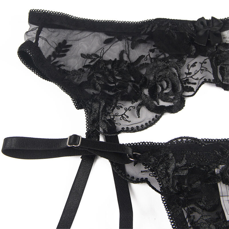 SUBBLIME - 3-delige set BH + string + jarretellesgordel BLOEMENPRINT ZWART L/XL