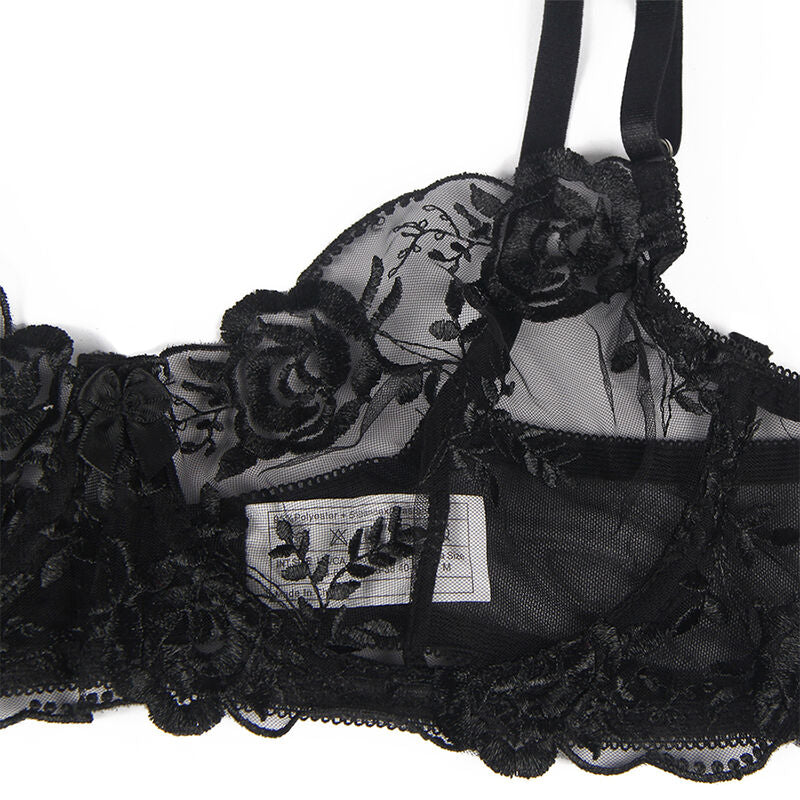 SUBBLIME - 3-delige set BH + string + jarretellesgordel BLOEMENPRINT ZWART L/XL