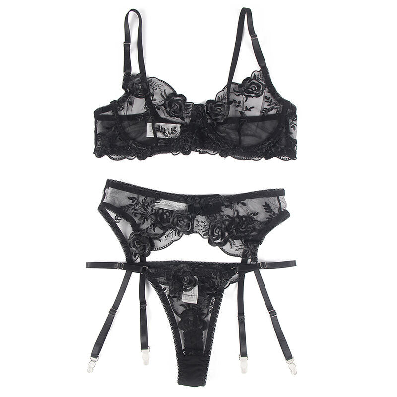 SUBBLIME - 3-delige set BH + string + jarretellesgordel BLOEMENPRINT ZWART L/XL