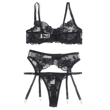 SUBBLIME - 3-TEILIGES SET BH + STRING + STRUMPFBAND BLUMENPRINT SCHWARZ L/XL