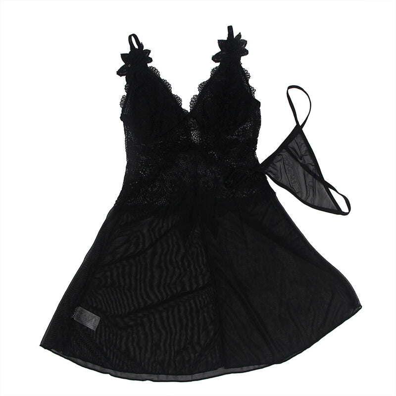 SUBBLIME - BABYDOLL TULLE STOF MET KANT EN BLOEMDETAILS ZWART L/XL