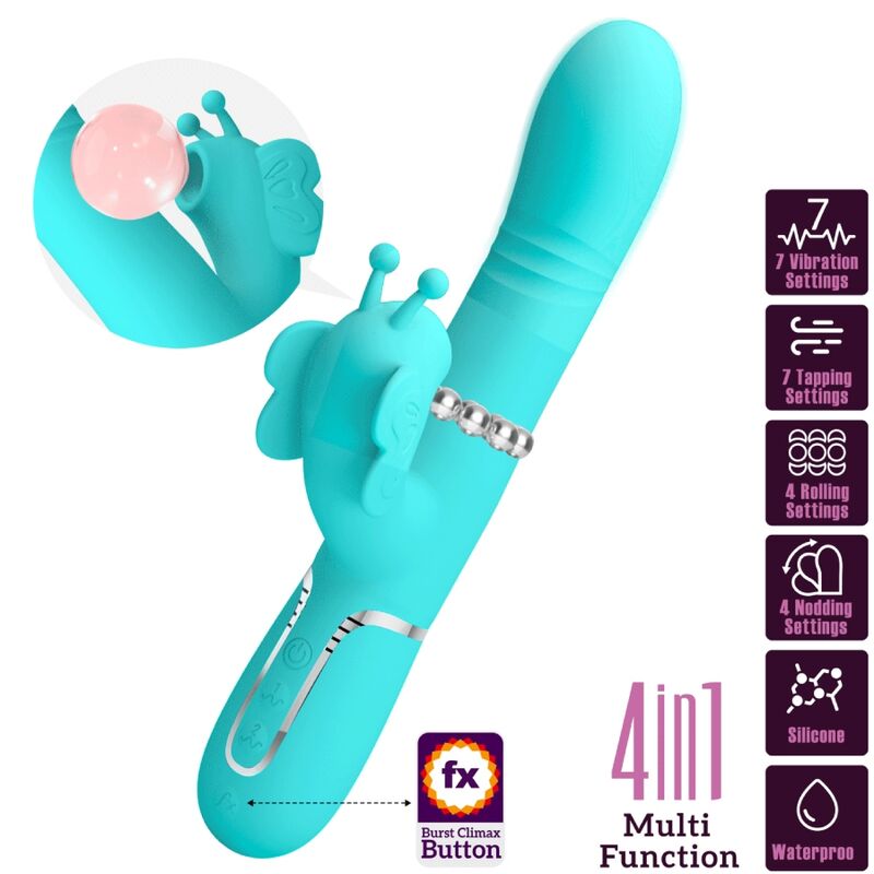 PRETTY LOVE - VIBRATEUR LAPIN MULTIFONCTIONNEL 4 EN 1 PAPILLON AQUAGREEN