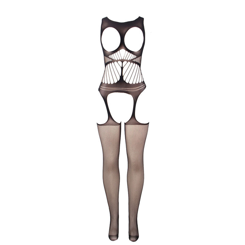 SUBBLIME - 951900 Kruisloze mesh bodystocking met cups en open schouders zwart one size