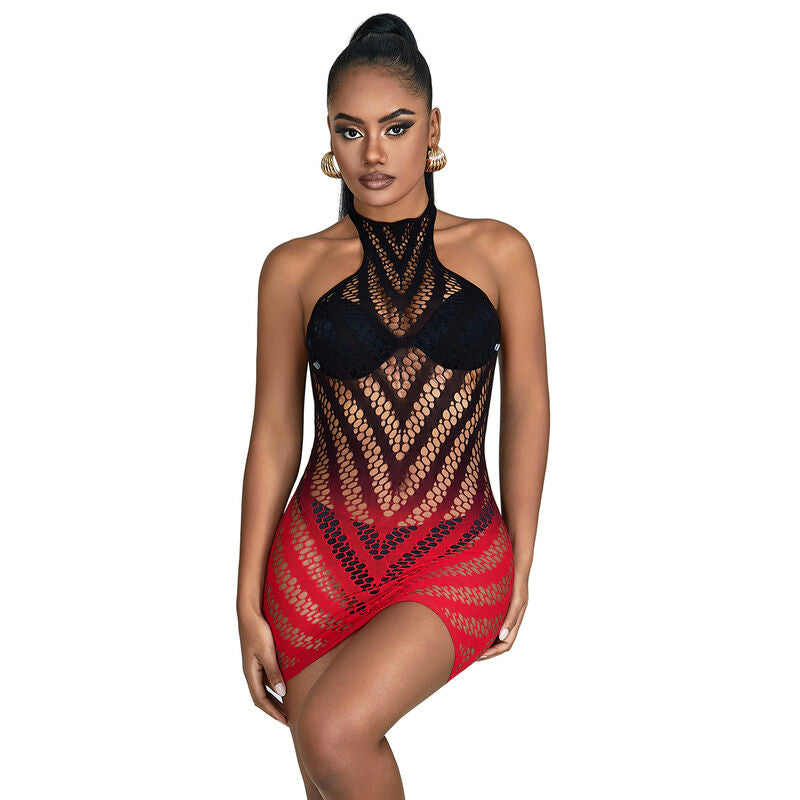 SUBBLIME - 952242 ROOD EN ZWARTE ELASTISCHE MESH JURK MET SNIJDEN DEGRAD ONE SIZE
