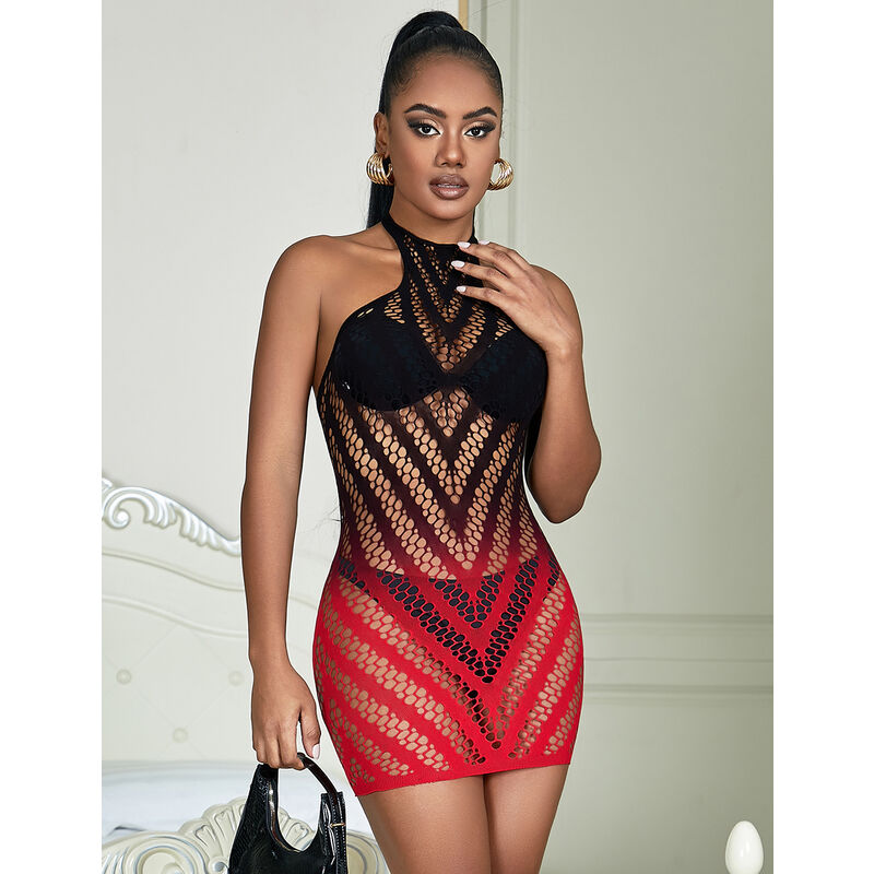 SUBBLIME - 952242 ROOD EN ZWARTE ELASTISCHE MESH JURK MET SNIJDEN DEGRAD ONE SIZE