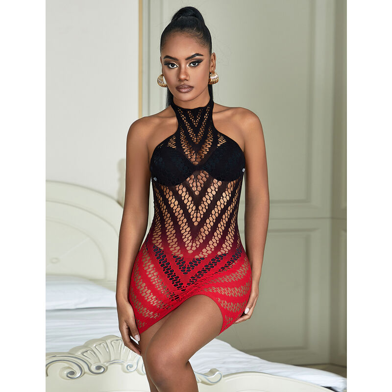 SUBBLIME - 952242 ROOD EN ZWARTE ELASTISCHE MESH JURK MET SNIJDEN DEGRAD ONE SIZE