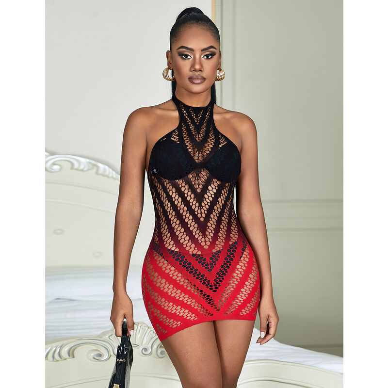 SUBBLIME - 952242 ROOD EN ZWARTE ELASTISCHE MESH JURK MET SNIJDEN DEGRAD ONE SIZE