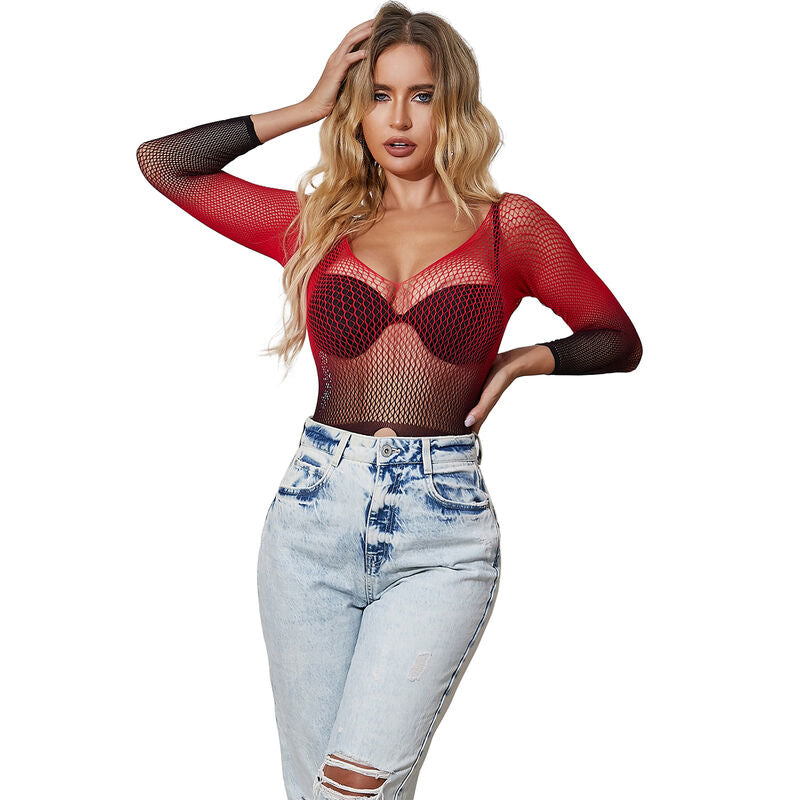 SUBBLIME - 952259 ROOD-ZWARTE JURK MET LANGE MOUWEN EN ELASTISCHE MESH ONE SIZE