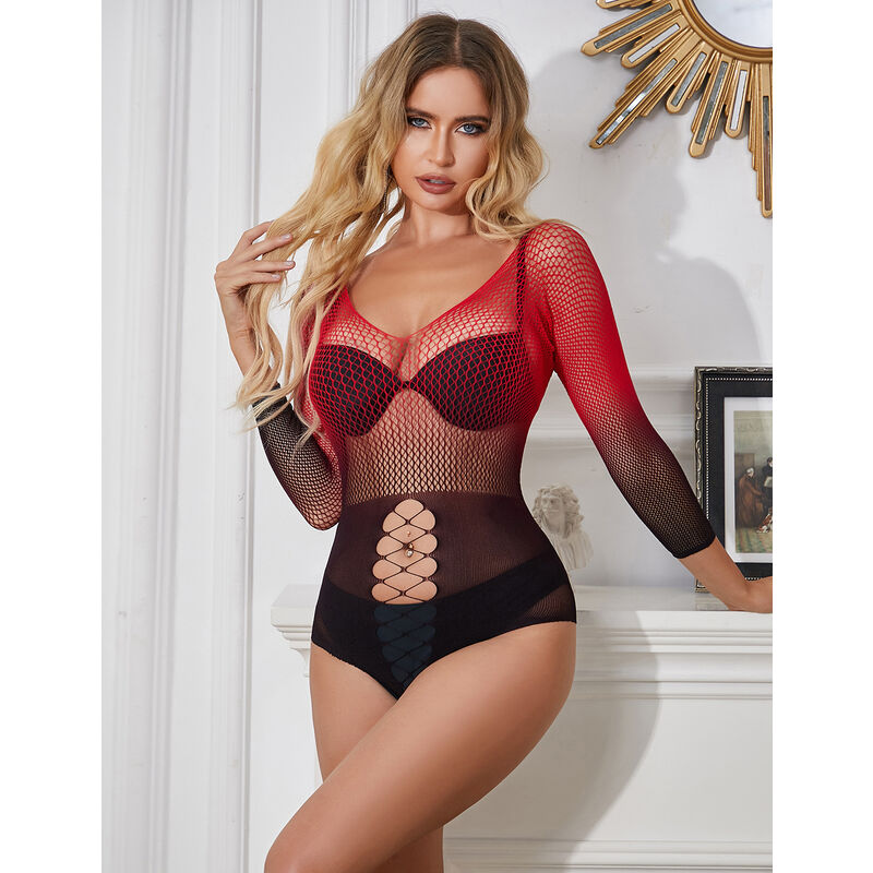 SUBBLIME - 952259 ROOD-ZWARTE JURK MET LANGE MOUWEN EN ELASTISCHE MESH ONE SIZE