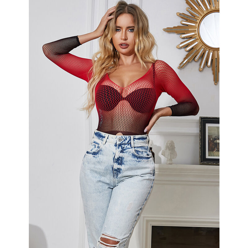 SUBBLIME - 952259 ROOD-ZWARTE JURK MET LANGE MOUWEN EN ELASTISCHE MESH ONE SIZE