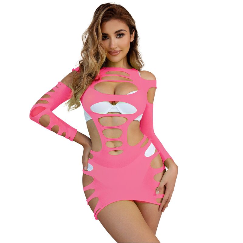 SUBBLIME - 952273 LANGE MOUW ELASTISCHE MESH JURK ROZE ONE SIZE
