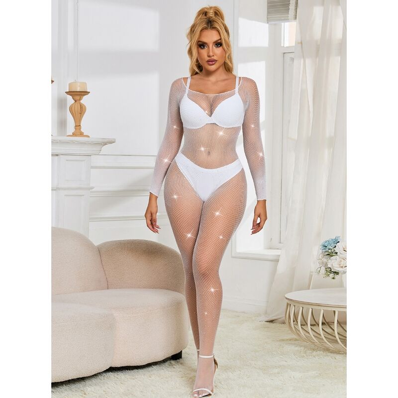 SUBBLIME - 952396 MESH BODYSTOCKING MET DIAMANTEN LANGE MOUW WIT ONE SIZE