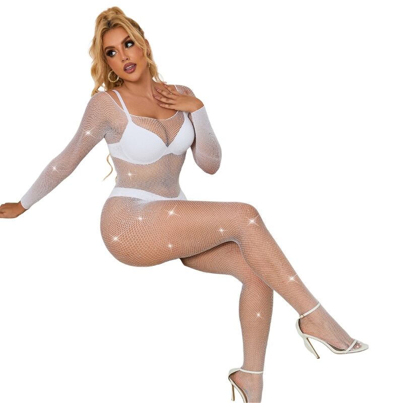 SUBBLIME - 952396 MESH BODYSTOCKING MET DIAMANTEN LANGE MOUW WIT ONE SIZE