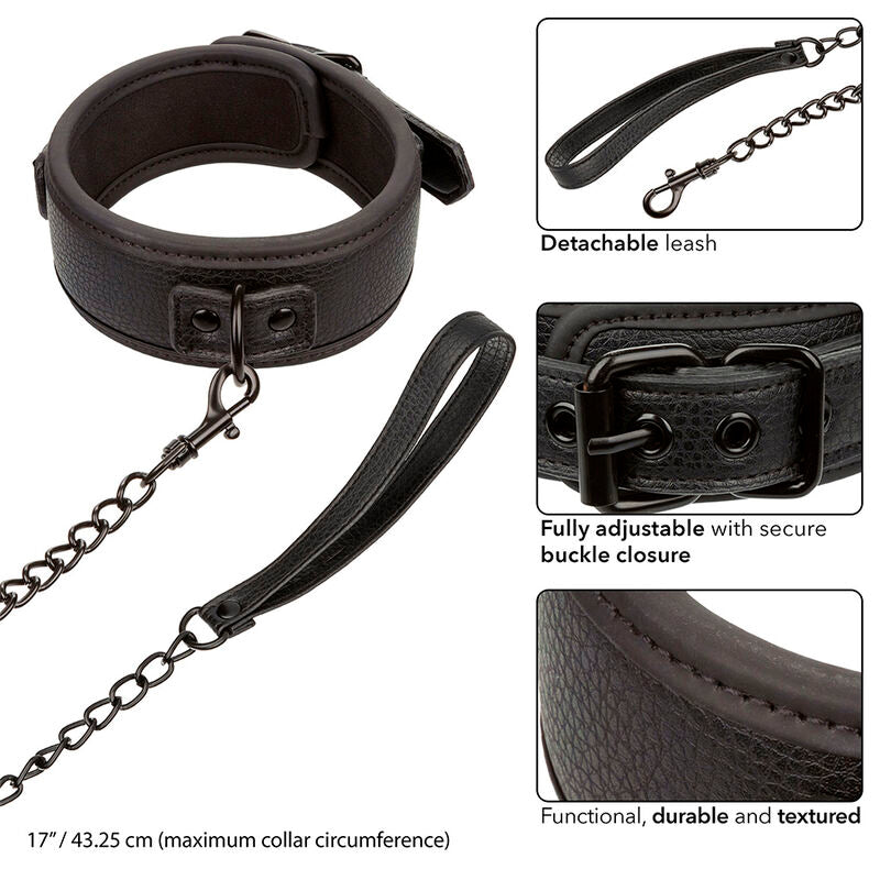 CALEXOTICS - NACHTELIJKE HALSBAND &amp; LIJN VAN LEDER VERSTELBAAR ZWART